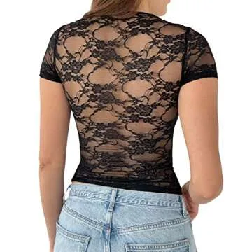 Women Short Sleeve Sheer Lace Crop Top Y2K Sexy Lace Mesh T-Shirt Slim Fit Summer See Through Cropped Tee Shirt (I Black, S)