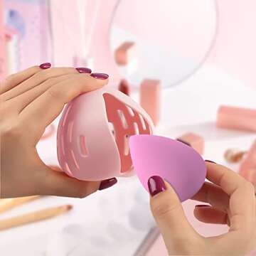 Makeup Sponge Holder with Makeup Sponge - Beauty Blender Sponge & Silicone Double-sided Breathable Travel Beauty Makeup Blender, Shatterproof Makeup Sponges Case travel essentials for women (Pink)