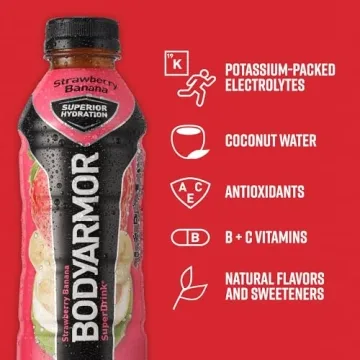 BODYARMOR Sports Drink Sports Beverage, Strawberry Banana, Natural Flavors With Vitamins, Potassium-Packed Electrolytes, No Preservatives, Perfect For Athletes, 16 Fl Oz (Pack of 12)