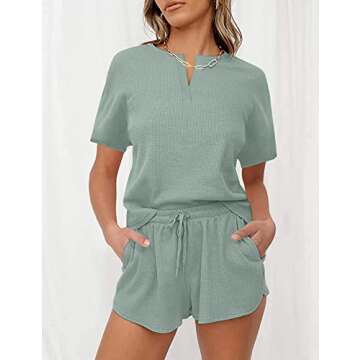 Lingswallow Women Waffle Lounge Sets - Long Sleeve and Shorts Pajama Set Two Piece Outfits for Women Sweatsuits loungewear