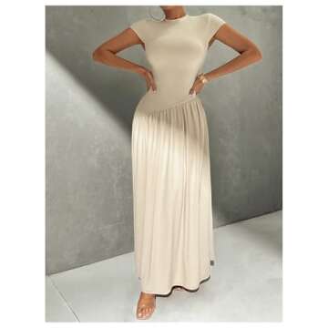 SOLY HUX Women's Maxi Dresses Mock Neck Cap Sleeve A Line Flared Dress Long Dresses Plain Khaki Small