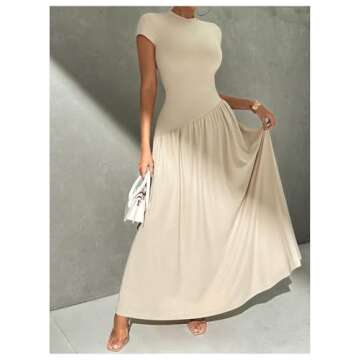 SOLY HUX Women's Maxi Dresses Mock Neck Cap Sleeve A Line Flared Dress Long Dresses Plain Khaki Small