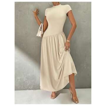 SOLY HUX Women's Maxi Dresses Mock Neck Cap Sleeve A Line Flared Dress Long Dresses Plain Khaki Small