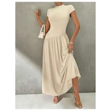 SOLY HUX Women's Maxi Dresses Mock Neck Cap Sleeve A Line Flared Dress Long Dresses Plain Khaki Small