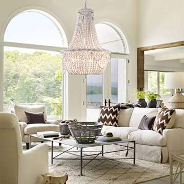 KunMai Farmhouse Distressed Wood Beaded Basket Chandelier White Pendant Three Lights Vintage Bedroom Bead Chandeliers