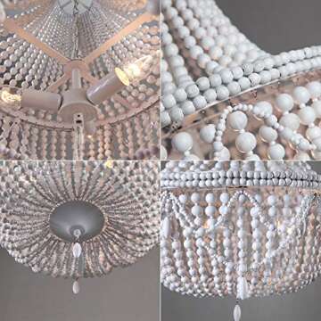 KunMai Farmhouse Distressed Wood Beaded Basket Chandelier White Pendant Three Lights Vintage Bedroom Bead Chandeliers