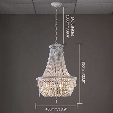 KunMai Farmhouse Distressed Wood Beaded Basket Chandelier White Pendant Three Lights Vintage Bedroom Bead Chandeliers