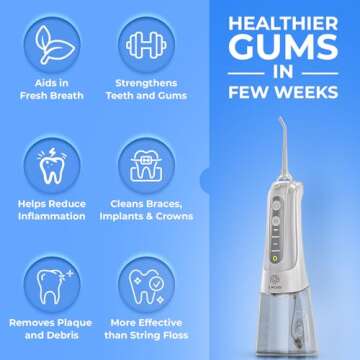 Water Flosser Cordless Pick for Teeth, 4 Modes, Gentle on Gums, Removes Plaque & Food Particles, B. WEISS High-Power, Rechargeable & Waterproof Oral Irrigator; 6 Replacement Tips Included.