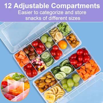 AIERSA Reusable Snack Containers with Lids,Snack Box Containers for Kids-12 Compartments,Adjustable Divided Snack Box with 30 Labels for School,Work and Travel (1 Pack)