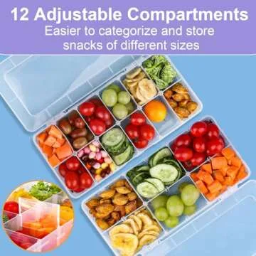 AIERSA Reusable Snack Containers with Lids,Snack Box Containers for Kids-12 Compartments,Adjustable Divided Snack Box with 30 Labels for School,Work and Travel (1 Pack)
