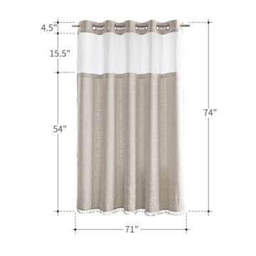 Farmhouse Shower Curtain with Snap-in Liner,No Hooks Needed, Fabric Shower Curtains with Tassels for Rustic Bathroom Decor,with Window,with Magnets,Water Repellent&Machine Washable,Linen,71x74Inch