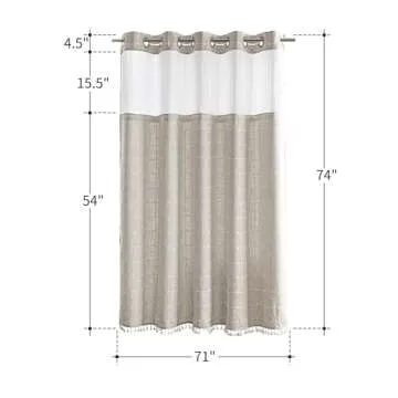 Farmhouse Shower Curtain with Snap-in Liner,No Hooks Needed, Fabric Shower Curtains with Tassels for Rustic Bathroom Decor,with Window,with Magnets,Water Repellent&Machine Washable,Linen,71x74Inch