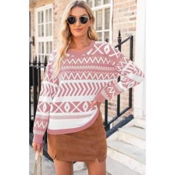 Dokotoo Sweaters for Women Casual Round Neck Colorblock Striped Sweater Loose Soft Long Sleeve Pullover Tops Fall Fashion Outfits 2024 Oversized Sweaters for Women Ugly Christmas Sweater Fushia Small