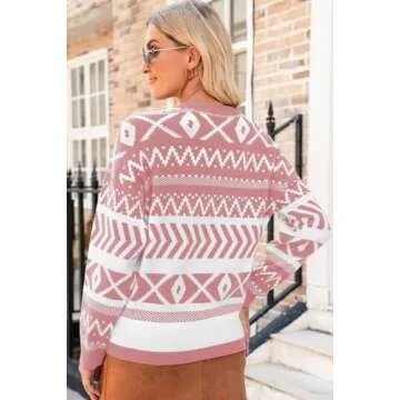 Dokotoo Sweaters for Women Casual Round Neck Colorblock Striped Sweater Loose Soft Long Sleeve Pullover Tops Fall Fashion Outfits 2024 Oversized Sweaters for Women Ugly Christmas Sweater Fushia Small