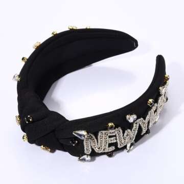 Happy New Year Headband for Women New Year’s Eve Accessories Gold Beaded NYE NEW YEAR Knotted Headband Holiday Rhinestone Jeweled Top Knot Headband New Year Party Headwear Gifts (NEW YEAR 3)