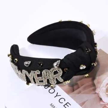 Happy New Year Headband for Women New Year’s Eve Accessories Gold Beaded NYE NEW YEAR Knotted Headband Holiday Rhinestone Jeweled Top Knot Headband New Year Party Headwear Gifts (NEW YEAR 3)