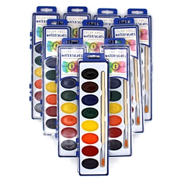 Color Swell Bulk Watercolor Paint 10 Pack with Wood Brushes - 8 Washable Colors for Kids, Classrooms...
