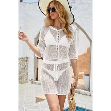 Jumppmile Women 2 Piece Cover Up Set Crochet Coverups Bathing Suit Swimwear Beach Bikini Swimsuit Cover Up Set White L