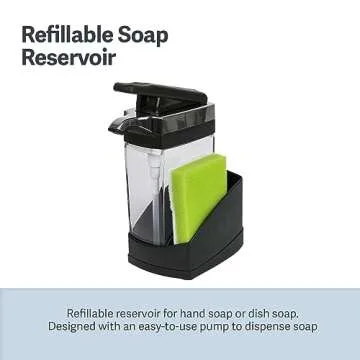 Casabella Sink Sider Solo Kitchen Soap Pump and Sponge Caddy, Black/Chrome - 2-in-1 Soap and Sponge Caddy, One-Hand Soap Dispensing, Ergonomic Design, Easy to Refill and Clean, Efficient Size