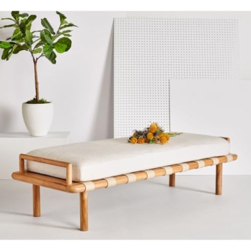 SAFAVIEH Couture Home Collection Constantine Coastal Natural Teak/White Cushion Living Room Bedroom ...