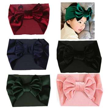 SuperiMan Big Size Wide Band Velvet Headband for Baby,Toddler Girls Bows Turban Head Wrap Hair Bands Photography Props Hairband , Black+navy+wine Red+dark Green+pink ,Small
