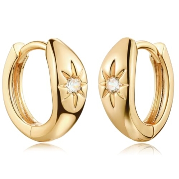 MEVECCO Gold Starburst Huggie Hoop Earrings - Elegant 18K Gold Plated Dainty Hoops