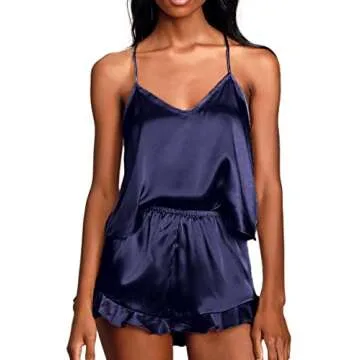 CHYRII Women's Sexy Ruffle Pajamas Sets Satin Silk Cami Shorts Sets Sleepwear Navy S
