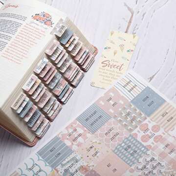 DiverseBee Laminated Bible Tabs for Women and Girls (Large Print, Easy to Read), Bible Journaling Book Tabs, Christian Gift, 66 Bible Tabs Old and New Testament, Includes 11 Blank Tabs - Sweet Theme