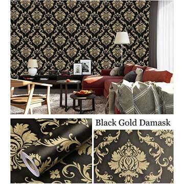 LIFAVOVY Upgrade Thickening Contact Paper Black Gold Damask Wall Paper Self Adhesive Peel and Stick ...