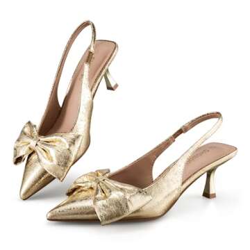 SHOBOO Women's Bow Slingback Heels Pointed Toe Kitten Pumps Dress Shoes with Elastic Strap - 2.4'' Inches Height (Gold, Adult, Women, 7.5, Numeric, US Footwear Size System, Medium)