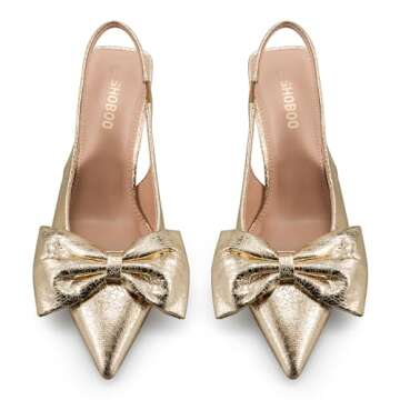 SHOBOO Women's Bow Slingback Heels Pointed Toe Kitten Pumps Dress Shoes with Elastic Strap - 2.4'' Inches Height (Gold, Adult, Women, 7.5, Numeric, US Footwear Size System, Medium)