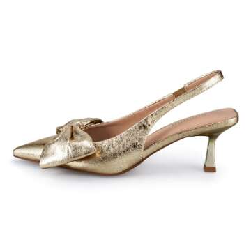 SHOBOO Women's Bow Slingback Heels Pointed Toe Kitten Pumps Dress Shoes with Elastic Strap - 2.4'' Inches Height (Gold, Adult, Women, 7.5, Numeric, US Footwear Size System, Medium)