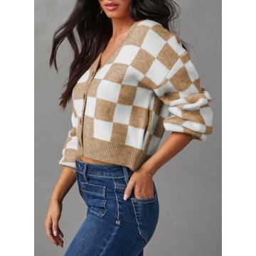 Dokotoo Lightweight V Neck Checkered Cardigan for Women