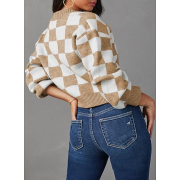 Dokotoo Lightweight V Neck Checkered Cardigan for Women