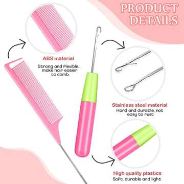 Crochet Hooks Set with Accessories - 6 Hair Needle Hooks, Rat Tail Comb, and 4 Alligator Clips for Hair Braiding, Extensions, and All Ages