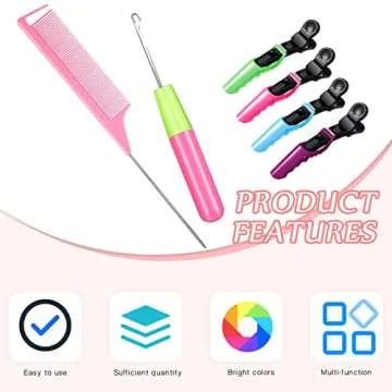 Crochet Hooks Set with Accessories - 6 Hair Needle Hooks, Rat Tail Comb, and 4 Alligator Clips for Hair Braiding, Extensions, and All Ages