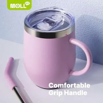 Mollcity Kids Tumbler with Handle 12 oz Stainless Steel Double Wall Vacuum Insulated Cup with Lids and Straws-Reusable Metal Tumbler for Girls (Purple Pink)