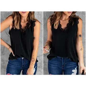 lime flare Women Sexy Lace Trim Satin Cami Tank Tops Dressy Silk Summer Camisole Shirt Blouse(Medium, Black Eyelash Lace)