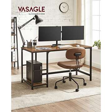 VASAGLE ALINRU Computer Desk, 55.1-Inch Wide Home Office Desk for Study, Writing Desk with 2 Shelves on Left or Right, Steel Frame, Industrial, Rustic Brown and Black ULWD55X