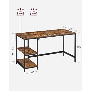 VASAGLE ALINRU Computer Desk, 55.1-Inch Wide Home Office Desk for Study, Writing Desk with 2 Shelves on Left or Right, Steel Frame, Industrial, Rustic Brown and Black ULWD55X
