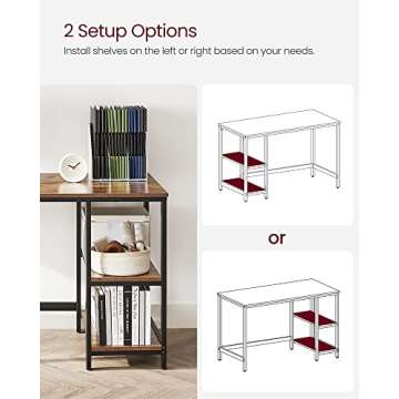 VASAGLE ALINRU Computer Desk, 55.1-Inch Wide Home Office Desk for Study, Writing Desk with 2 Shelves on Left or Right, Steel Frame, Industrial, Rustic Brown and Black ULWD55X