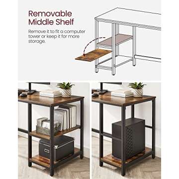 VASAGLE ALINRU Computer Desk, 55.1-Inch Wide Home Office Desk for Study, Writing Desk with 2 Shelves on Left or Right, Steel Frame, Industrial, Rustic Brown and Black ULWD55X