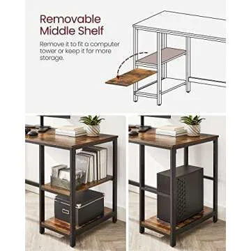 VASAGLE ALINRU Computer Desk, 55.1-Inch Wide Home Office Desk for Study, Writing Desk with 2 Shelves on Left or Right, Steel Frame, Industrial, Rustic Brown and Black ULWD55X