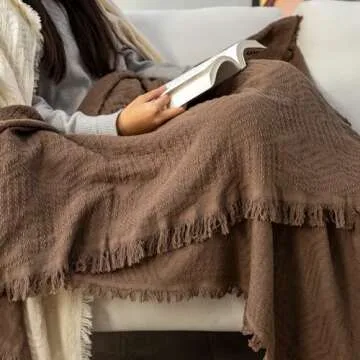 GLORY SEASON 100% Cotton Throw Blanket with Fringe Tassels Wraps Cover for Bed Couch and Living Room...