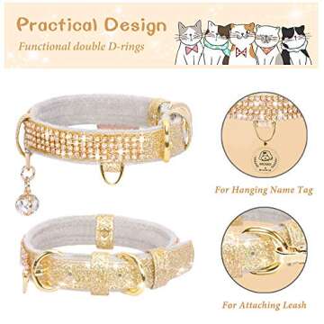 PetsHome Cat Collar, Dog Collar, [Bling Rhinestones] Premium PU Leather with Pendant Adjustable Collars for Cat and Small Dog Extra Small Gold