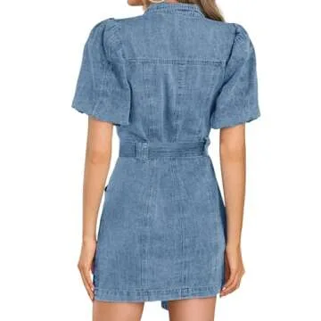 Fisoew Women's Denim Mini Dress Casual Stylish Button Down