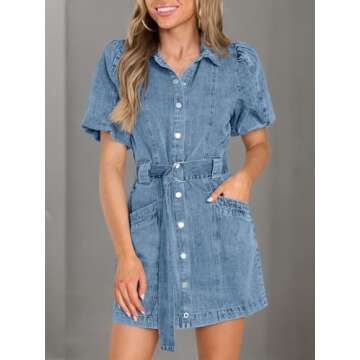 Fisoew Women's Denim Mini Dress Casual Stylish Button Down