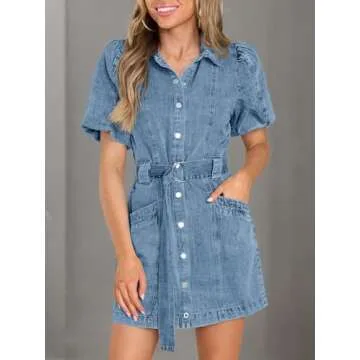 Fisoew Women's Denim Mini Dress Casual Stylish Button Down