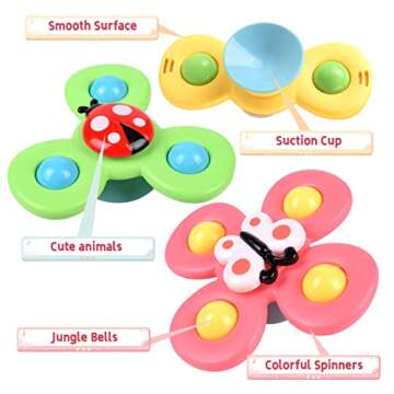 Suction Cup Spinner Toy for Baby 1 2 Year Old, 3PCS Spinner Sensory Toys for Toddlers 1 3, Cartoon Baby Fidget Spinners Toys 12 Months Kids, High Chair/Dining Table/Window/Travelling (Colorful)