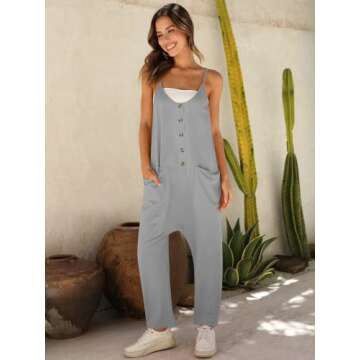 DEEP SELF Women Summer Sleeveless Jumpsuits Sleeveless V Neck Spaghetti Strap Button Down Long Pants Romper Pockets Grey